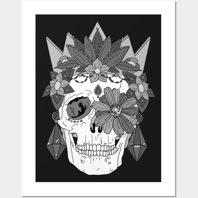 Royal Dead, Floral Crown Greyscale Sugar Skull Wall Art by bblane